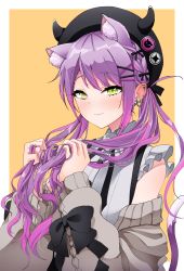 Rule 34 | 1girl, absurdres, animal ear fluff, animal ears, black hat, blush, brown sweater, buwonte, cat ears, cat tail, closed mouth, ear bar, ear blush, fake horns, green eyes, hair ornament, hairclip, hands up, hat, highres, holding, holding hair, hololive, horned headwear, horns, lips, long hair, looking at viewer, low twintails, multicolored hair, nose blush, off shoulder, purple hair, shirt, sidelocks, sleeveless, sleeveless shirt, solo, sweater, tail, tokoyami towa, twintails, two-tone hair, upper body, virtual youtuber, white shirt, x hair ornament
