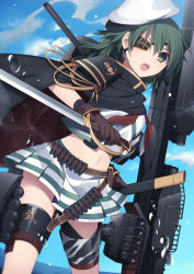 Rule 34 | 10s, 1girl, bad id, bad pixiv id, cape, eyepatch, green eyes, green hair, hat, hijiri (resetter), kantai collection, kiso (kancolle), kiso kai ni (kancolle), looking at viewer, matching hair/eyes, midriff, navel, open mouth, saber (weapon), school uniform, serafuku, skirt, solo, striped clothes, striped skirt, sword, weapon