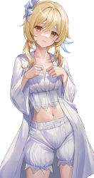 Rule 34 | 1girl, alternate costume, blonde hair, bloomers, closed mouth, collarbone, cowboy shot, crop top, feather hair ornament, feathers, flower, genshin impact, hair flower, hair ornament, highres, lily (flower), long sleeves, looking at viewer, lumine (genshin impact), lunacle, open clothes, pajamas, raised eyebrows, shirt, short hair with long locks, shorts, simple background, solo, thighs, underwear, white background, white bloomers, white flower, white shirt, white shorts, wide sleeves, yellow eyes
