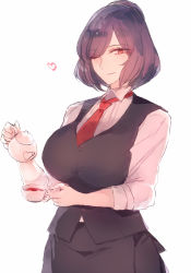 Rule 34 | 1girl, absurdres, alternate costume, bad id, bad pixiv id, black suit, blouse, breasts, bura, collared shirt, cup, formal, heart, highres, holding, holding cup, holding teapot, jitome, large breasts, light smile, long sleeves, one eye closed, petticoat, purple hair, red eyes, red neckwear, shirt, short hair, simple background, solo, steam, striped clothes, striped shirt, suit, tea, teapot, touhou, white background, yasaka kanako