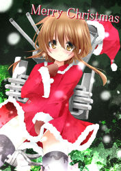 Rule 34 | 10s, 1girl, alternate costume, black thighhighs, brown eyes, brown hair, cannon, christmas, dress, folded ponytail, hair ornament, hat, highres, inazuma (kancolle), kantai collection, kouda suzu, long hair, merry christmas, mittens, personification, santa costume, santa hat, smile, solo, star (symbol), thighhighs, torpedo, turret