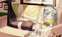 Rule 34 | absurdres, black gloves, black shorts, black thighhighs, blue eyes, blue hair, blush, couch, dappled sunlight, english text, flower, fu u03, gloves, hair between eyes, hair over eyes, hatsune miku, highres, indoors, light blue hair, long hair, looking at viewer, lying, hugging object, on couch, on stomach, picture frame, pillow, pillow hug, racing miku, racing miku (2022), shirt, shorts, smile, sunlight, thighhighs, thighs, twintails, vocaloid, white shirt