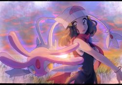 Rule 34 | 1girl, beanie, black hair, bracelet, commentary request, creatures (company), dawn (pokemon), eyelashes, game freak, gen 4 pokemon, glowing, hair ornament, hat, highres, jewelry, legendary pokemon, letterboxed, long hair, looking to the side, mesprit, nintendo, nosutaal, outdoors, pokemon, pokemon (creature), pokemon dppt, scarf, sleeveless, sun, white headwear