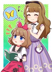Rule 34 | 2girls, :o, ^ ^, black bow, black hairband, blue eyes, blush, book, bow, brown hair, bug, butterfly, closed eyes, closed mouth, collared shirt, commentary request, dress, eighth note, fleuranges (idolmaster million live), flower, gloves, green background, hair bow, hairband, halftone, halftone background, heart, highres, holding, holding book, idolmaster, idolmaster million live!, idolmaster million live! theater days, insect, jelly pop beans, long hair, miyao miya, multiple girls, musical note, open book, open mouth, outline, pleated dress, polka dot, puffy short sleeves, puffy sleeves, purple dress, red bow, red hairband, red skirt, shirt, short sleeves, skirt, smile, spoken animal, suou momoko, takiki, thick eyebrows, thought bubble, v-shaped eyebrows, very long hair, white flower, white gloves, white outline, white shirt