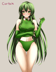Rule 34 | 1girl, bare legs, bare shoulders, breasts, buruma, commission, crop top, elbow gloves, erinys (fire emblem), fingerless gloves, fire emblem, fire emblem: genealogy of the holy war, fire emblem heroes, gloves, green buruma, green eyes, green gloves, green hair, green shirt, groin, highres, long hair, medium breasts, navel, nervous, nervous smile, nintendo, pixiv commission, shirt, sleeveless, sleeveless shirt, smile, solo, sweatdrop, tearing up, very long hair, wavy mouth, yozu (yozu0420)
