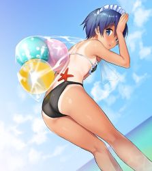Rule 34 | 1girl, :o, ass, ball, beachball, bikini, black bikini, blue hair, cloud, commentary request, day, from side, hand on own forehead, in swimsuit, kneepits, looking at viewer, looking back, maid headdress, object in clothes, object in swimsuit, one-piece tan, original, sack, sekiya asami, short hair, sky, solo, starfish, swimsuit, tan, tanline, water
