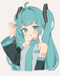 Rule 34 | 1girl, blue hair, blunt bangs, blush, collared shirt, cropped torso, detached sleeves, hair intakes, hatsune miku, highres, long hair, long sleeves, looking at viewer, nail polish, necktie, open mouth, shirt, sleeveless, sleeveless shirt, solo, sweat, tananuki, twintails, vocaloid