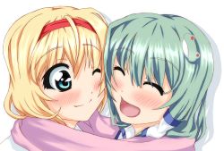Rule 34 | 2girls, :d, ^ ^, alice margatroid, blonde hair, blue eyes, blush, calligraphy brush, calligraphy brush (medium), cheek-to-cheek, closed eyes, closed eyes, frog hair ornament, green hair, hair ornament, hair tubes, hairband, happy, heads together, highres, kochiya sanae, multiple girls, open mouth, paintbrush, pink scarf, scarf, shared clothes, shared scarf, short hair, smile, snake hair ornament, takamachi (takechikuwa), touhou, yuri