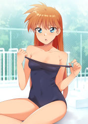 Rule 34 | 1girl, :o, bare arms, bare shoulders, blue eyes, blue one-piece swimsuit, blurry, blurry background, blush, breasts, chain-link fence, cleavage, collarbone, covered navel, day, fence, fingernails, hair between eyes, hair down, hands up, highres, inaba kyouko, jigoku sensei nube, kaiga, long hair, looking at viewer, old school swimsuit, one-piece swimsuit, orange hair, outdoors, pool ladder, poolside, raised eyebrow, school swimsuit, sitting, small breasts, solo, strap pull, swimsuit, tree, yokozuwari