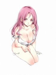 Rule 34 | 1girl, breasts, cleavage, female focus, jon tw, large breasts, long hair, looking at viewer, pink hair, red eyes, signature, simple background, solo, strap slip, thighs, white background