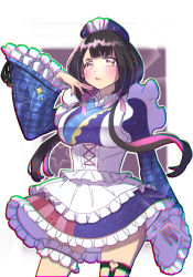 Rule 34 | 1girl, apron, black hair, black ribbon, blue headwear, blue kimono, blue skirt, blush, breasts, chromatic aberration, collar, colored inner hair, commentary, flower, frilled apron, frilled collar, frilled kimono, frilled skirt, frilled sleeves, frills, gradient eyes, hair flower, hair ornament, hair ribbon, hand on own cheek, hand on own face, headwear request, heart o-ring, highres, hina misora, japanese clothes, kimono, kimono skirt, large breasts, lolita fashion, long hair, looking at viewer, low-tied long hair, maid, maid apron, multicolored clothes, multicolored eyes, multicolored hair, multicolored skirt, o-ring, o-ring legwear, o-ring thigh strap, pink eyes, pink hair, pink ribbon, pink skirt, pout, ribbon, ribbon-trimmed sleeves, ribbon trim, skirt, solo, star (symbol), star print, streaked hair, thigh strap, trebas, two-tone hair, v-shaped eyebrows, virtual youtuber, wa lolita, wa maid, wactor production, white apron, wide sleeves, yellow eyes