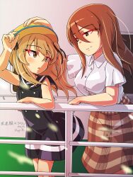 2girls :o absurdres artist_name black_ribbon blue_dress blue_sailor_collar boater_hat brown_eyes brown_hair brown_skirt casual closed_mouth collared_shirt commentary_request commission dress elbow_rest girls_und_panzer hair_ribbon half-closed_eyes hand_on_another&#039;s_head hat highres kuroneko_douji leaning_forward light_brown_hair looking_at_another looking_back medium_dress medium_skirt mika_(girls_und_panzer) multiple_girls no_headwear one_side_up open_mouth pixiv_commission plaid_clothes plaid_skirt railing ribbon sailor_collar sailor_dress shimada_arisu shirt short_sleeves signature skirt sleeveless sleeveless_dress smile standing translated white_shirt wind wing_collar yellow_hat