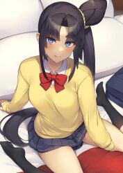 Rule 34 | 1girl, alternate costume, black skirt, black socks, bow, bowtie, breasts, collared shirt, fate/grand order, fate (series), from above, hair bun, highres, indoors, kneehighs, light blush, long hair, looking at viewer, medium breasts, pinta (ayashii bochi), pleated skirt, red bow, red bowtie, school uniform, shirt, side ponytail, single hair bun, sitting, skirt, socks, solo, sweater, tongue, tongue out, ushiwakamaru (fate), very long hair, wariza, yellow sweater