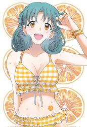 Rule 34 | 1girl, bare shoulders, bikini, blush, booing6, breasts, brown eyes, cleavage, collarbone, cowboy shot, curly hair, front-tie bikini top, front-tie top, fruit background, green hair, hand up, highres, idolmaster, idolmaster million live!, idolmaster million live! theater days, looking at viewer, medium breasts, multiple bracelets, nail polish, navel, open mouth, orange background, orange nails, parted bangs, plaid, plaid bikini, short hair, signature, smile, solo, standing, sweat, swimsuit, teeth, tokugawa matsuri, upper teeth only, yellow bikini, yellow bracelet