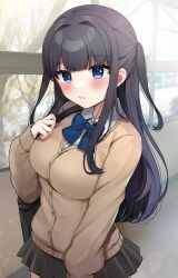 Rule 34 | 1girl, bag, black hair, black skirt, blue bow, blue eyes, blurry, blurry background, blush, bow, breasts, brown cardigan, cardigan, closed mouth, collared shirt, commentary request, depth of field, dress shirt, hand up, highres, long hair, long sleeves, looking at viewer, medium breasts, minami saki, original, pleated skirt, puffy long sleeves, puffy sleeves, school bag, school uniform, shirt, skirt, sleeves past wrists, solo, two side up, very long hair, white shirt