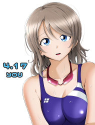 Rule 34 | 1girl, bare shoulders, blue eyes, breasts, brown hair, competition swimsuit, female focus, goggles, highres, kirisaki reina, looking at viewer, love live!, love live! sunshine!!, one-piece swimsuit, purple one-piece swimsuit, short hair, smile, solo, swimsuit, watanabe you, white background