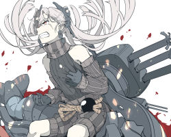 Rule 34 | 1girl, abyssal crane princess, abyssal ship, angry, clutching chest, cowboy shot, detached sleeves, earrings, gloves, horns, japanese clothes, jewelry, kantai collection, long hair, looking away, ninimo nimo, orange eyes, pale skin, solo, white hair