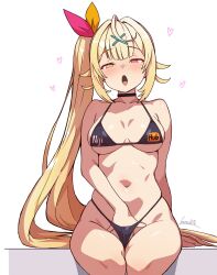 Rule 34 | 1girl, :o, ahoge, bare shoulders, batta 16-sei, bikini, black bikini, black choker, blonde hair, blush, choker, clothes writing, commentary request, hair ornament, hand on own crotch, hand under clothes, hand under swimsuit, highres, hoshikawa sara, implied masturbation, long hair, looking at viewer, navel, nijisanji, open mouth, pink eyes, side ponytail, signature, simple background, sitting, solo, stomach, swimsuit, very long hair, virtual youtuber, white background, x hair ornament, yellow eyes