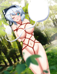 Rule 34 | 1girl, alternate breast size, arms behind back, bdsm, black ribbon, blue eyes, blurry, bondage, bound, bound arms, bound wrists, box tie, breasts, cleavage, convenient censoring, crotch rope, day, depth of field, floating, forest, ghost, groin, hair ribbon, hairband, highres, hitodama, konpaku youmu, konpaku youmu (ghost), large breasts, legs together, looking at viewer, nature, navel, outdoors, plant, ribbon, shibari, short hair, silver hair, solo, standing, stomach, toraoto, touhou, tree