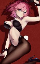 Rule 34 | 1girl, absurdres, animal ears, arm up, armpits, bare shoulders, black footwear, black leotard, blue eyes, breasts, brown pantyhose, center opening, character request, check character, check copyright, copyright request, fake animal ears, fake tail, fate/grand order, fate (series), gun, hairband, handgun, high heels, highres, holding, holding gun, holding weapon, leotard, looking away, mash kyrielight, medium breasts, midriff, navel, pantyhose, parted lips, pink hair, playboy bunny, rabbit ears, rabbit tail, revealing clothes, short hair, solo, stomach, strapless, strapless leotard, tail, terebi (shimizu1996), weapon, wrist cuffs