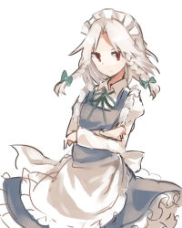 Rule 34 | 1girl, apron, braid, cowboy shot, crossed arms, expressionless, highres, izayoi sakuya, looking at viewer, maid, maid apron, maid headdress, neck ribbon, red eyes, ribbon, short hair, silver hair, sketch, solo, tare nu (usesase), touhou, twin braids, white background