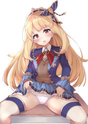 Rule 34 | 10s, 1girl, bad id, bad pixiv id, blonde hair, blush, brooch, cagliostro (granblue fantasy), cagliostro (youthful uniform) (granblue fantasy), clothes lift, emblem, eyebrows, granblue fantasy, haru mari, head tilt, highres, jewelry, lifted by self, long hair, long sleeves, looking at viewer, open mouth, panties, pink eyes, plaid, plaid skirt, school uniform, side-tie panties, simple background, sitting, skirt, skirt lift, solo, teeth, thighhighs, underwear, very long hair, white background, white panties