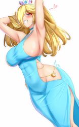 Rule 34 | 1girl, alternate costume, anisdrawn, armpits, arms up, bare arms, bare shoulders, blonde hair, blue choker, blue dress, blue eyes, blush, breasts, choker, commentary, covered navel, crown, dress, english commentary, grin, groin, highres, hip vent, large breasts, long hair, looking at viewer, mario (series), mini crown, nintendo, rosalina, sideboob, sleeveless, sleeveless dress, smile, solo, standing, thighs, very long hair