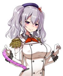 Rule 34 | 1girl, beret, black hat, breasts, buttons, condom, condom wrapper, epaulettes, gloves, hat, jacket, kantai collection, kashima (kancolle), kerchief, large breasts, long sleeves, military jacket, neckerchief, purple eyes, red neckerchief, sidelocks, silver hair, simple background, smile, solo, twintails, upper body, wavy hair, white background, white gloves, white jacket, zaxwu