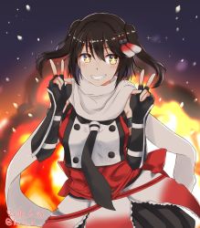 Rule 34 | + +, 1girl, bad id, bad pixiv id, black gloves, black neckerchief, black skirt, brown eyes, cowboy shot, double v, elbow gloves, explosion, fingerless gloves, gloves, grin, hair ornament, highres, ibuki grunt, kantai collection, looking at viewer, neckerchief, night, outdoors, scarf, school uniform, sendai (kancolle), sendai kai ni (kancolle), serafuku, short hair, skirt, smile, solo, two side up, v, white scarf