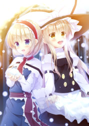 Rule 34 | 2girls, akane hazuki, alice margatroid, apron, apron lift, armband, blonde hair, blue dress, blue eyes, blurry, capelet, clothes lift, cowboy shot, depth of field, dress, hairband, hat, juliet sleeves, kirisame marisa, lolita hairband, long sleeves, looking at viewer, multiple girls, open mouth, outdoors, own hands together, puffy sleeves, ribbon, sash, short hair, sidelocks, snow, touhou, tree, waist apron, witch hat, yellow eyes