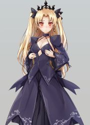 Rule 34 | 1girl, :&lt;, absurdres, artoria pendragon (all), artoria pendragon (fate), black dress, blonde hair, bow, breasts, choker, cleavage, commentary request, cosplay, dress, earrings, ereshkigal (fate), fate/grand order, fate (series), grey background, hair bow, hair ornament, hair ribbon, hands on own chest, highres, jewelry, long hair, looking at viewer, medium breasts, orange eyes, parted bangs, ribbon, saber alter, saber alter (cosplay), samoore, simple background, solo, sweatdrop, tiara, twintails, two side up, wide sleeves, yellow eyes