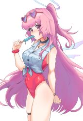 Rule 34 | 1girl, ambriel (arknights), ambriel (holiday) (arknights), arknights, bare shoulders, bracelet, breasts, cowboy shot, cropped shirt, eyewear on head, food, food in mouth, groin, halo, heart, heart-shaped eyewear, holding, holding food, holding popsicle, infection monitor (arknights), jewelry, light blush, long hair, looking at viewer, nail polish, necklace, official alternate costume, one-piece swimsuit, one side up, pink eyes, pink hair, popsicle, popsicle in mouth, radioneet, red nails, red one-piece swimsuit, shirt, simple background, skindentation, sleeveless, sleeveless shirt, small breasts, solo, sunglasses, swimsuit, thighs, tied shirt, very long hair, wet, white background, white shirt