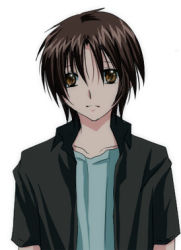 Rule 34 | 1boy, brown eyes, brown hair, layered clothes, little busters!, looking at viewer, lowres, male focus, naoe riki, short sleeves, simple background, solo