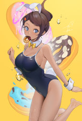 Rule 34 | 1girl, absurdres, alternate costume, animal ears, asahina aoi, bare shoulders, barefoot, blue eyes, blue one-piece swimsuit, breasts, brown hair, carrot hair ornament, cleavage, commentary request, competition school swimsuit, danganronpa: trigger happy havoc, danganronpa (series), dark-skinned female, dark skin, detached collar, doughnut, fake animal ears, food, food-themed hair ornament, food in mouth, hair ornament, highres, large breasts, leotard, long hair, mouth hold, ohisashiburi, one-piece swimsuit, playboy bunny, playboy bunny swimsuit, ponytail, rabbit ears, rabbit girl, rabbit tail, school swimsuit, simple background, solo, swimsuit, tail, water drop, wrist cuffs, yellow background, yellow neckwear