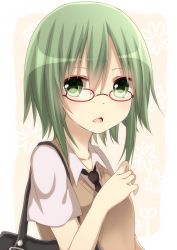 Rule 34 | 1girl, bad id, bad pixiv id, bag, bespectacled, glasses, green eyes, green hair, gumi, highres, looking at viewer, matching hair/eyes, necktie, open mouth, red-framed eyewear, school bag, short hair, solo, sweater vest, vocaloid, yamasuta