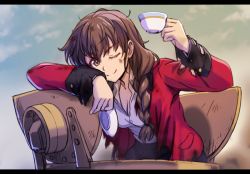 Rule 34 | 10s, 1girl, braid, breasts, brown eyes, brown hair, cleavage, cup, dirty, dirty clothes, dirty face, dust cloud, girls und panzer, hair over shoulder, holding, holding cup, jacket, leaning on object, long hair, one eye closed, open clothes, open jacket, partially unbuttoned, red jacket, rukuriri (girls und panzer), saucer, shinmai (kyata), single braid, smile, solo, tank top, teacup, torn clothes, torn jacket