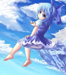 Rule 34 | 1girl, :3, adworse, bare legs, barefoot, blue eyes, blue hair, bow, cirno, cloud, day, feet, food, hair bow, ice, icicle, looking back, matching hair/eyes, panties, pantyshot, popsicle, short hair, sitting, sky, solo, touhou, underwear, white panties