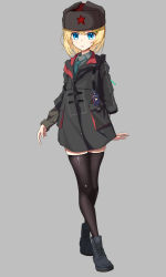 Rule 34 | 1girl, absurdres, black thighhighs, blonde hair, blue eyes, boots, flower, fur hat, green necktie, grey background, grey footwear, grey hat, grey jacket, grey shirt, hair flower, hair ornament, hairpin, hat, highres, jacket, juzi wei qishui, long sleeves, looking at viewer, multicolored clothes, multicolored jacket, necktie, original, parka, parted lips, red star, shirt, simple background, solo, star (symbol), thighhighs, two-tone jacket, uniform, ushanka, yellow flower