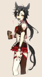 Rule 34 | 1girl, air shakur (umamusume), animal ears, apron, arm at side, beige background, black hair, black nails, brown shirt, brown thighhighs, chocolate, clothing cutout, cropped legs, eyebrow piercing, food, from side, grey background, highres, holding, holding chocolate, holding food, horse ears, horse girl, horse tail, jewelry, long hair, looking at viewer, looking to the side, low ponytail, mouth hold, nail polish, parted lips, piercing, ring, sailor collar, sharp teeth, shirt, short sleeves, shoulder cutout, single thighhigh, solo, tail, tan (inka), teeth, thighhighs, umamusume, waist apron, wristband