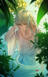 Rule 34 | 1boy, androgynous, archer (fate/samurai remnant), fate/samurai remnant, fate (series), grey hair, highres, light (nightty45), long hair, looking down, male focus, no nipples, outdoors, parted lips, partially undressed, solo, tree, upper body, wading, water, wet, yellow eyes