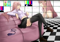 Rule 34 | 1girl, black thighhighs, breasts, character name, checkered floor, couch, crop top, crop top overhang, crossed legs, din (raiden), floor, impossible clothes, impossible shirt, long hair, looking away, megurine luka, midriff, nail polish, navel, necktie, unworn necktie, open mouth, parted lips, pink hair, plaid, plaid necktie, plaid neckwear, shirt, shoes, sitting, skirt, solo, taut clothes, taut shirt, thighhighs, vocaloid, white shirt, zettai ryouiki