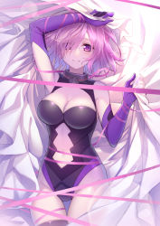 Rule 34 | 1girl, arm up, bare shoulders, bed sheet, black leotard, blush, breasts, cleavage, cleavage cutout, closed mouth, clothing cutout, curry bowl, elbow gloves, eyes visible through hair, fate/grand order, fate (series), from above, frown, gloves, hair over one eye, highres, large breasts, leotard, lying, mash kyrielight, navel cutout, on back, on bed, pink hair, pink ribbon, purple eyes, purple gloves, ribbon, sheet grab, short hair, solo, thigh gap