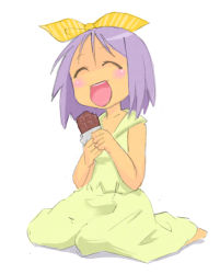 Rule 34 | 00s, 1girl, :d, ^ ^, barefoot, blush stickers, bow, candy, chocolate, chocolate bar, closed eyes, dress, eating, food, full body, hair bow, happy, hiiragi tsukasa, lucky star, okera, open mouth, simple background, smile, solo, sundress, white background