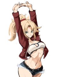 Rule 34 | 1girl, arms up, bandeau, blonde hair, blue shorts, breasts, cleavage, cleavage cutout, clothing cutout, commentary, cutoffs, fate (series), green eyes, hair ornament, hair scrunchie, highres, jacket, medium breasts, midriff, mordred (fate), navel, open clothes, open jacket, ponytail, rakeemspoon, red jacket, red scrunchie, scrunchie, shirt, short shorts, shorts, smile, white shirt