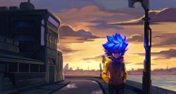 Rule 34 | 1girl, blue eyes, blue hair, commentary, cyberpunk, elf, english commentary, flat chest, hands in pockets, highres, hood, hood down, hoodie, lamppost, original, pointy ears, ron tsfany, solo, spiked hair, sunset, walking, yellow (ron tsfany), yellow hoodie