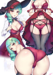 Rule 34 | 1girl, akizora mona, aqua hair, ass, bent over, black headwear, black thighhighs, blush, braid, breasts, brown eyes, cleavage, closed mouth, clothes lift, collarbone, commentary request, dress, dress lift, drill hair, garter belt, garter straps, gluteal fold, hair ornament, hat, highres, long hair, looking at viewer, medium breasts, multiple views, navel, novady, open mouth, original, panties, red dress, red panties, shirt, signature, simple background, smile, standing, thighhighs, underwear, white background, white shirt, wide brim, x hair ornament