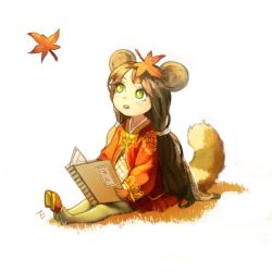Rule 34 | 10s, 1girl, absurdres, animal ears, autumn leaves, blade &amp; soul, book, brown hair, dicorndl, green eyes, highres, leaf, long hair, lyn (blade &amp; soul), maple leaf, open mouth, simple background, sitting, solo, tail, very long hair, white background