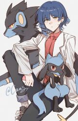 Rule 34 | 1girl, 2others, black footwear, black pants, blue hair, blue theme, bocchi the rock!, canis428, closed mouth, creatures (company), earrings, flat chest, game freak, gen 4 pokemon, high collar, highres, jacket, jewelry, knee up, light frown, long sleeves, looking at viewer, luxray, multiple others, nintendo, pants, pants rolled up, pixie cut, pokemon, red shirt, riolu, shirt, shoes, short hair, signature, single earring, single sidelock, sitting, sitting on person, sneakers, socks, white background, white jacket, white socks, yamada ryo, yellow eyes