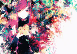 Rule 34 | 1girl, bare shoulders, black shirt, black sleeves, colorful, commentary, detached sleeves, flower, half-closed eyes, hands on own chest, holding, holding flower, looking at viewer, megurine luka, own hands together, parted lips, pink eyes, pink hair, shirt, smile, solo, sunflower, unf (unotfound 404), upper body, vocaloid, yellow flower