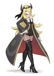 Rule 34 | 1girl, absurdres, belt, black belt, black footwear, blonde hair, boots, buttons, closed mouth, coat, creatures (company), cynthia (pokemon), cynthia (sygna suit) (renegade) (pokemon), eyelashes, frills, game freak, grey coat, grey eyes, hair over one eye, hand on own hip, high heel boots, high heels, highres, horns, kakikuyeko3181, long hair, long sleeves, neck ribbon, nintendo, open clothes, open coat, pokemon, pokemon masters ex, ribbon, simple background, smile, solo, standing, thigh boots, white ribbon